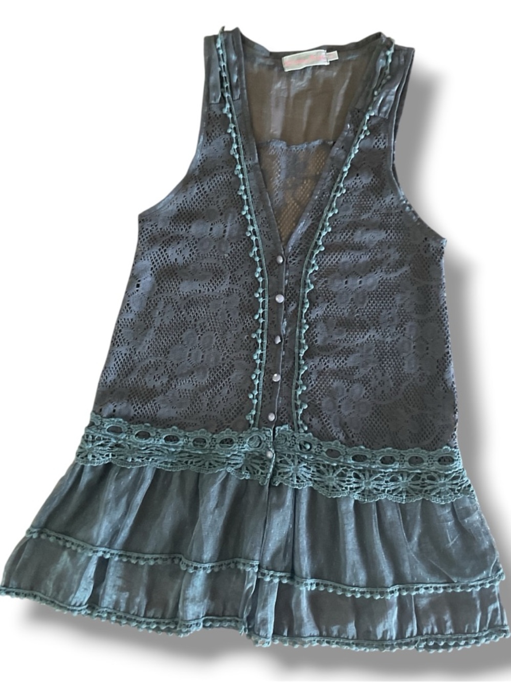 Pretty Angel Gray  Sheer Lace Vest With Teal Crochet Details Size S